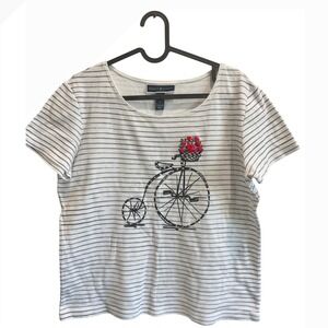 Karen Scott Striped Bicycle Floral Embroidered T Shirt‎ Women's Medium